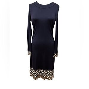 TORY BURCH | Navy Silk Dress Small Long Sleeves Gold/Brown Checkered classic